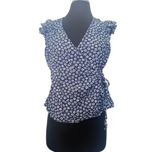 Old Navy Blue and White Ruffled Wrap Blouse